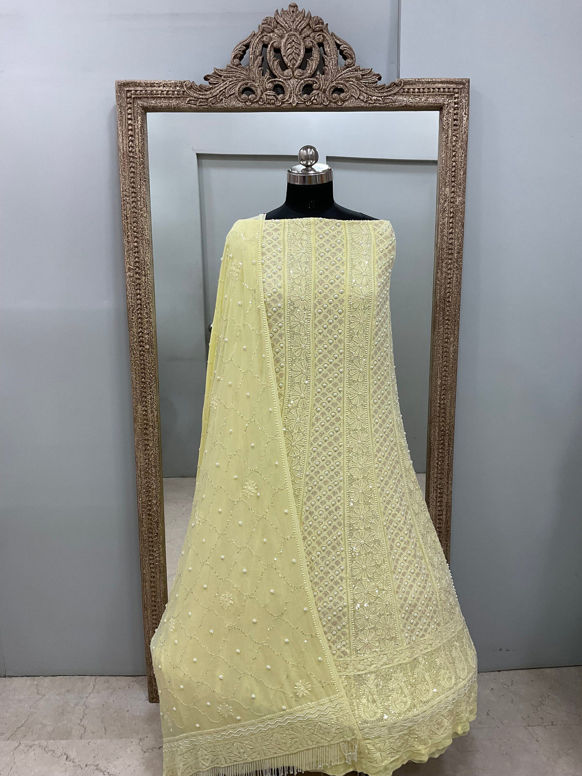 Pure Georgette Anarkali Heavy Pearl, Cutdana and Sequence Yellow