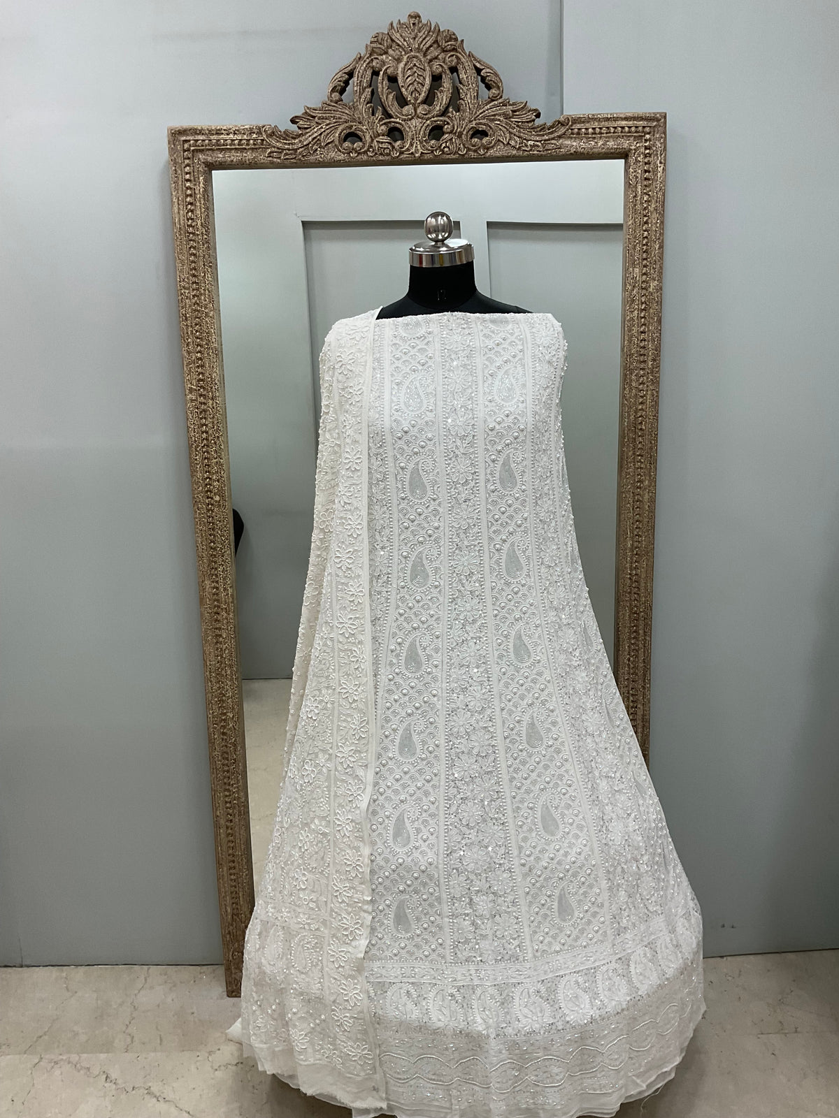 Pure Georgette Anarkali Heavy Pearl, Cutdana and Sequence White 01