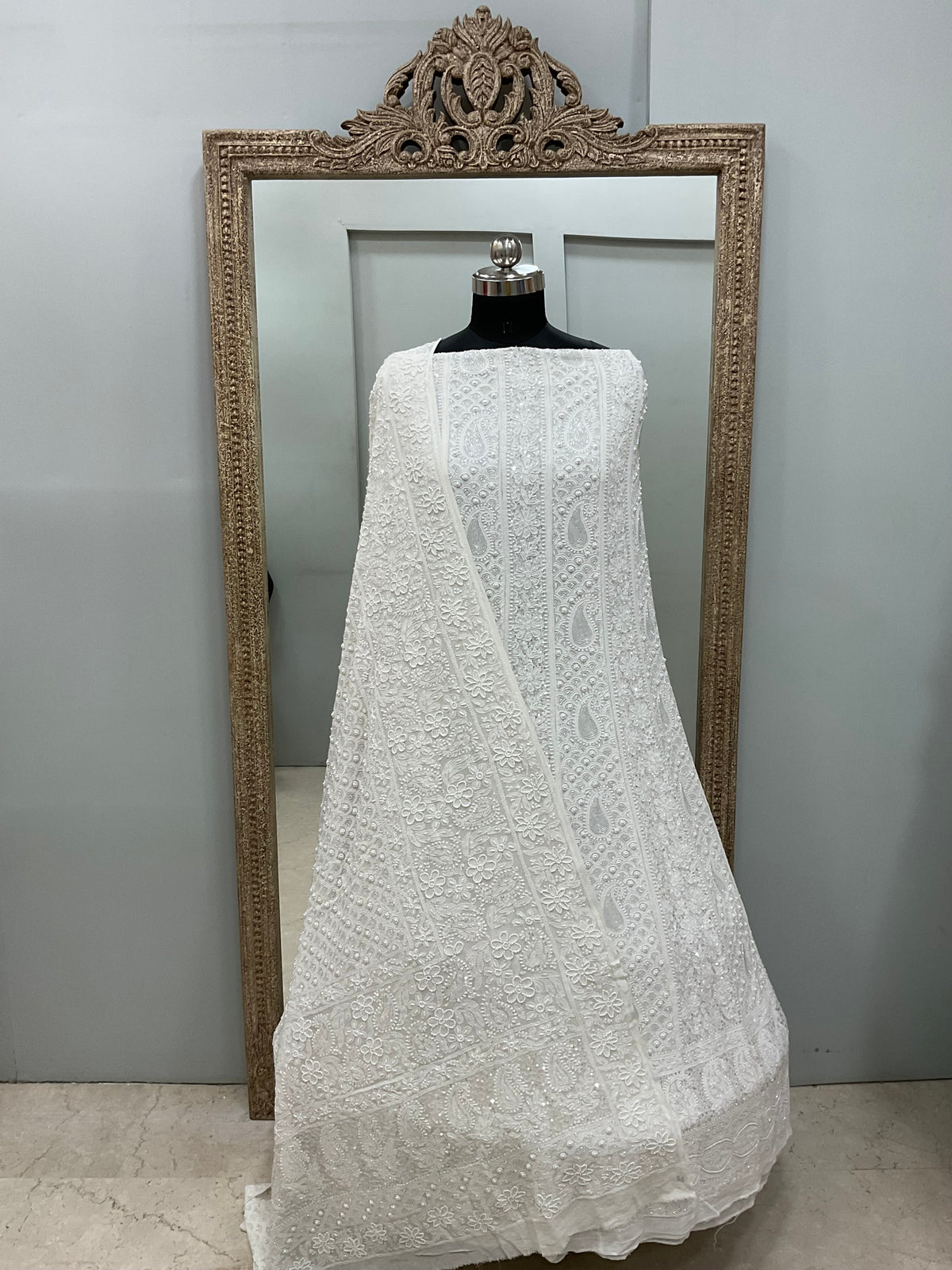 Pure Georgette Anarkali Heavy Pearl, Cutdana and Sequence White 01