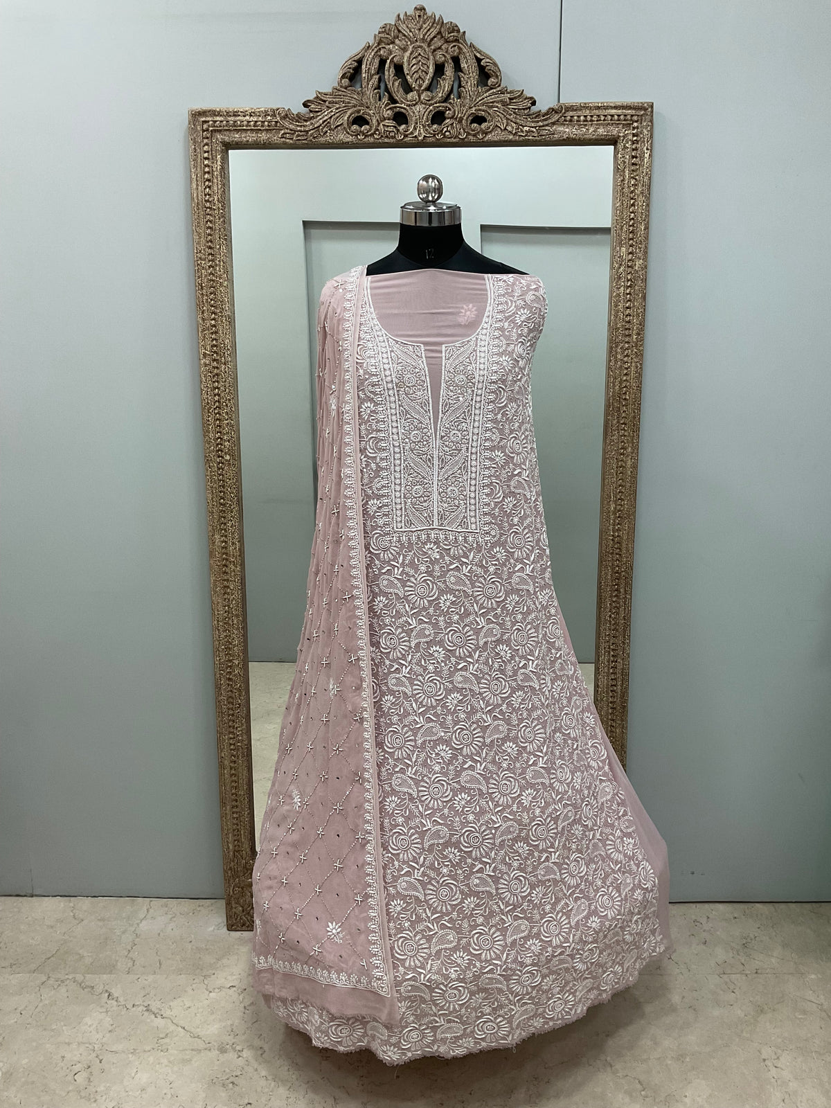 Pure Georgette Superfine Straight Heavy Sequence Pearl and Cutdana Onion Pink