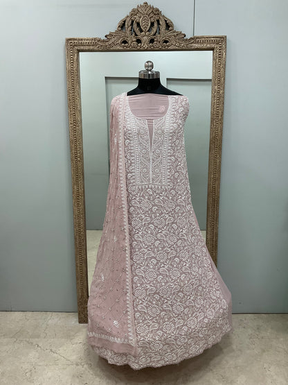 Pure Georgette Superfine Straight Heavy Sequence Pearl and Cutdana Onion Pink