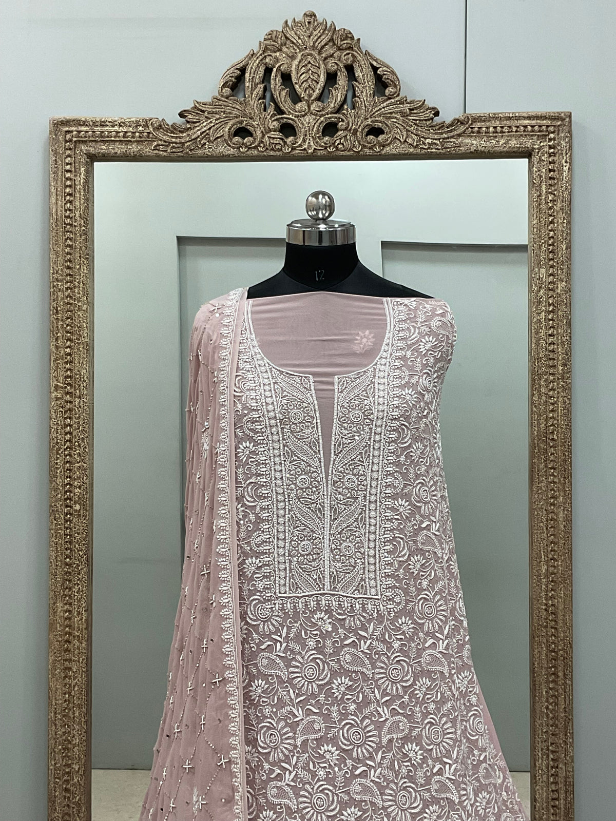 Pure Georgette Superfine Straight Heavy Sequence Pearl and Cutdana Onion Pink