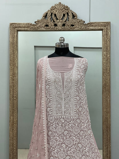 Pure Georgette Superfine Straight Heavy Sequence Pearl and Cutdana Onion Pink