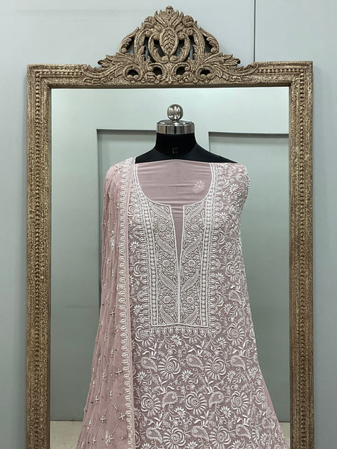 Pure Georgette Superfine Straight Heavy Sequence Pearl and Cutdana Onion Pink