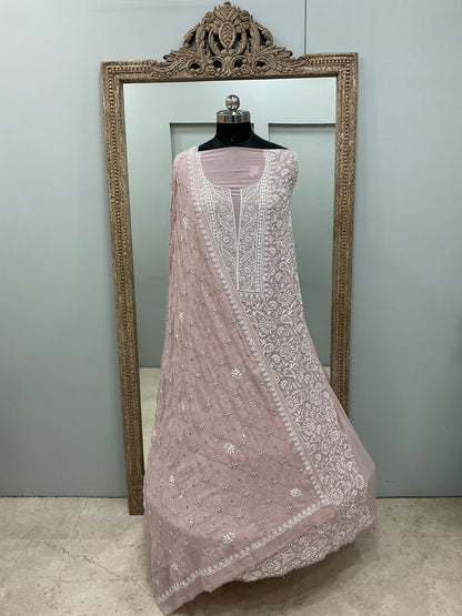 Pure Georgette Superfine Straight Heavy Sequence Pearl and Cutdana Onion Pink