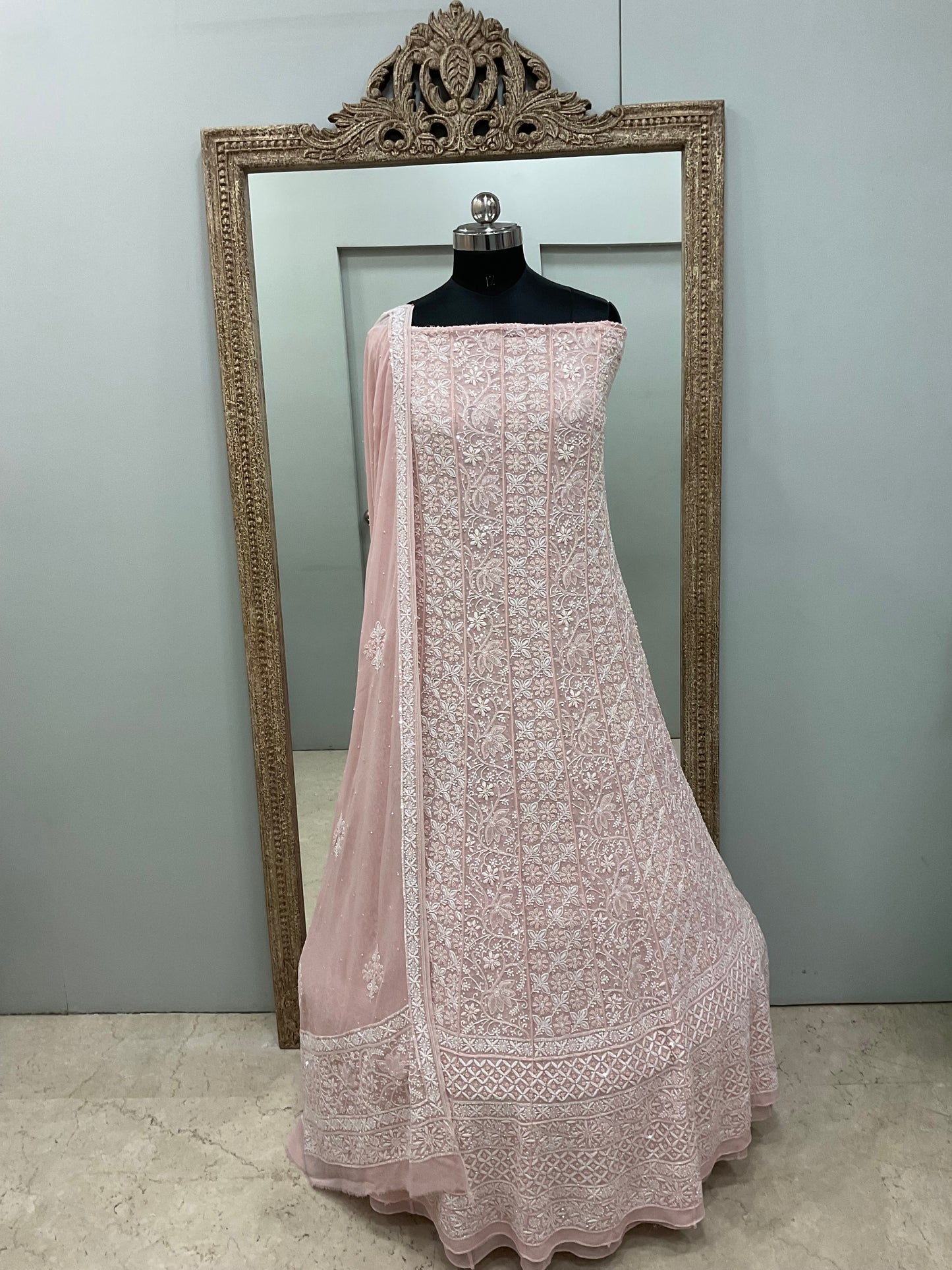 Superfine Pure Georgette Anarkali Heavy Pearl, Cutdana and Sequence Work Peachy Pink