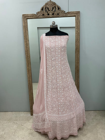 Superfine Pure Georgette Anarkali Heavy Pearl, Cutdana and Sequence Work Peachy Pink