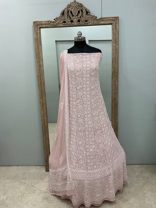 Superfine Pure Georgette Anarkali Heavy Pearl, Cutdana and Sequence Work Peachy Pink