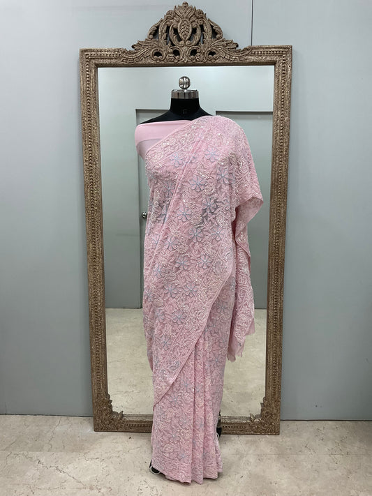 Pure Georgette Saree full jaal with Heavy Cutdana, Pearl and Heavy Sequence Pink