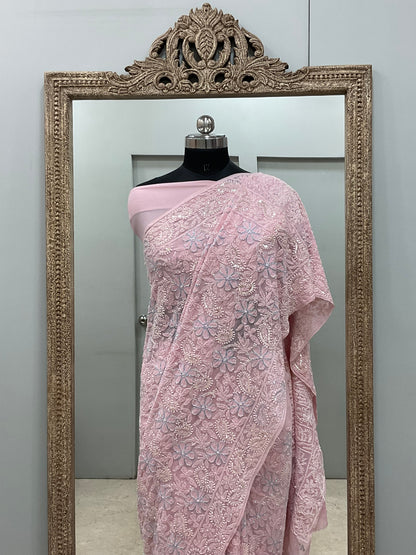 Pure Georgette Saree full jaal with Heavy Cutdana, Pearl and Heavy Sequence Pink