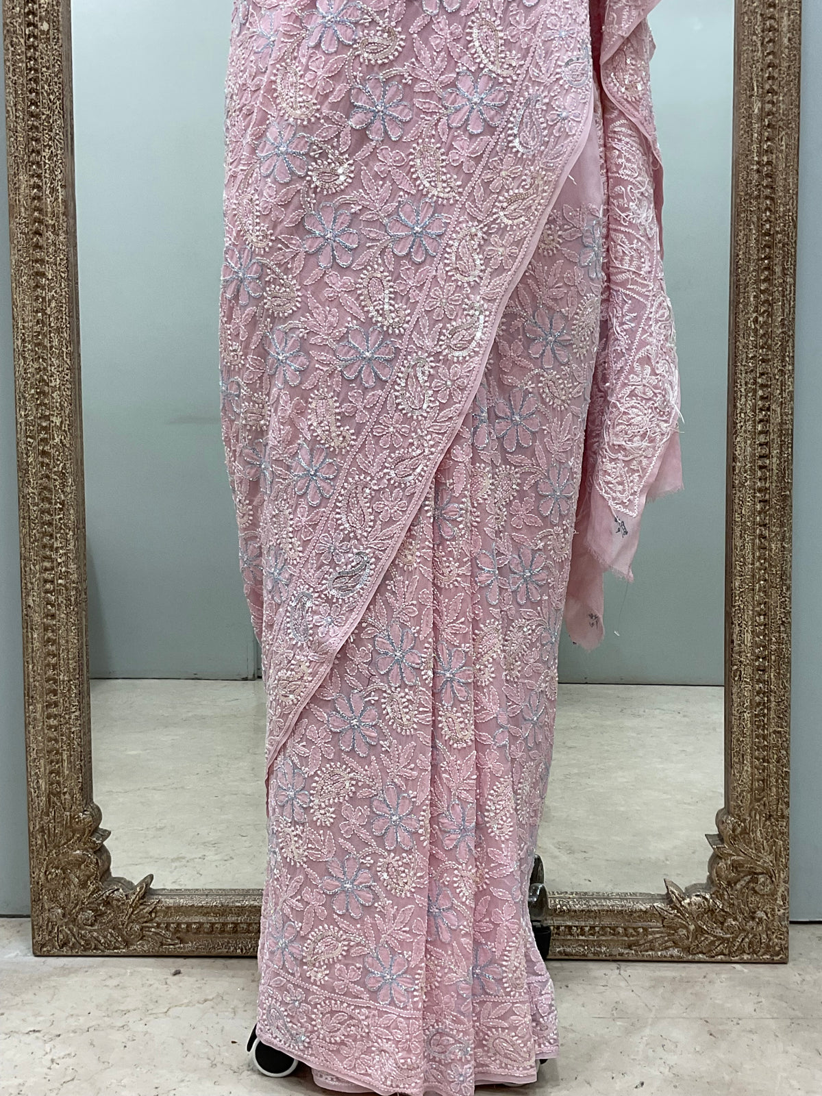 Pure Georgette Saree full jaal with Heavy Cutdana, Pearl and Heavy Sequence Pink