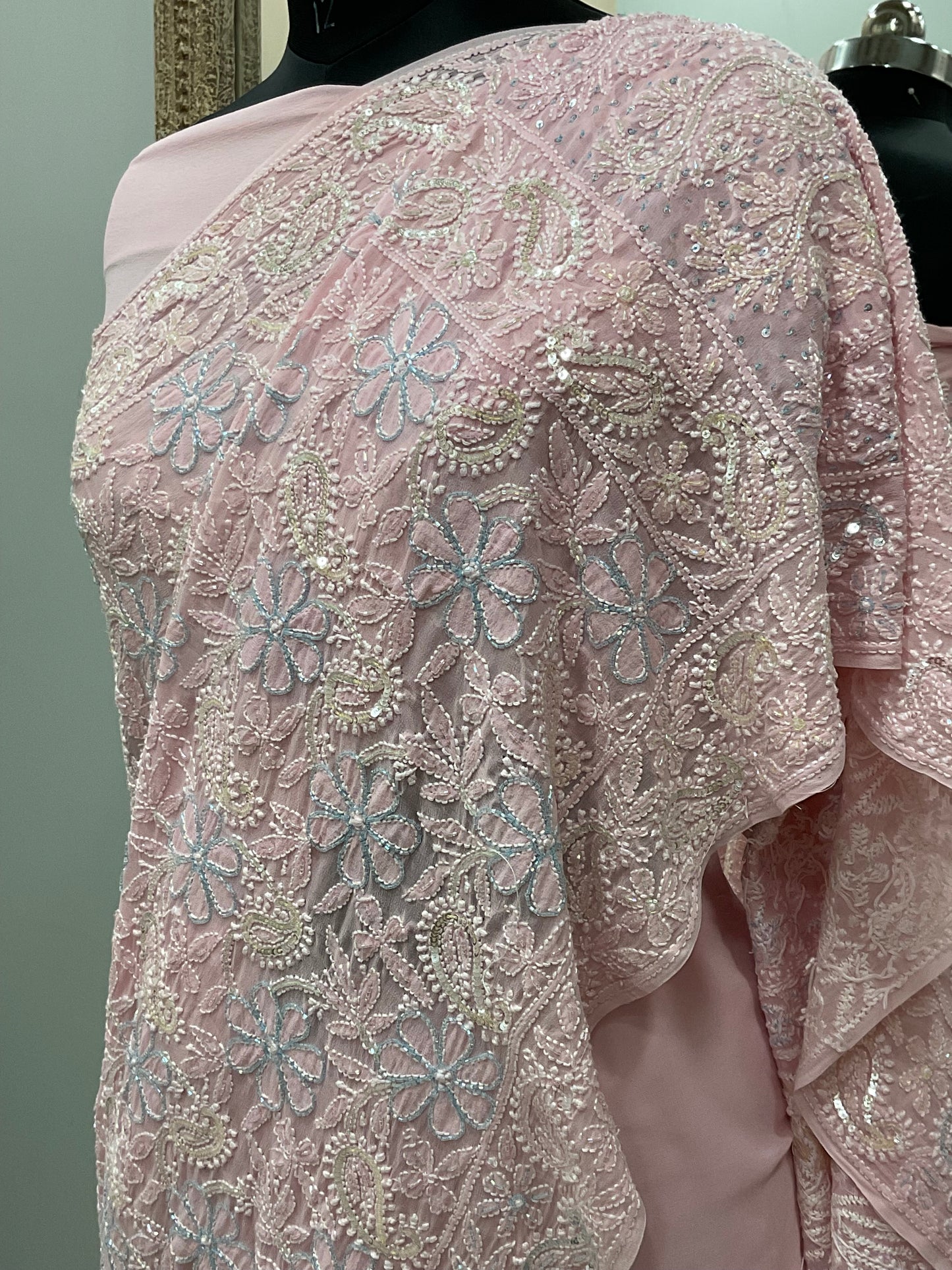 Pure Georgette Saree full jaal with Heavy Cutdana, Pearl and Heavy Sequence Pink