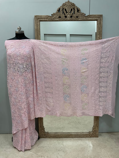 Pure Georgette Saree full jaal with Heavy Cutdana, Pearl and Heavy Sequence Pink