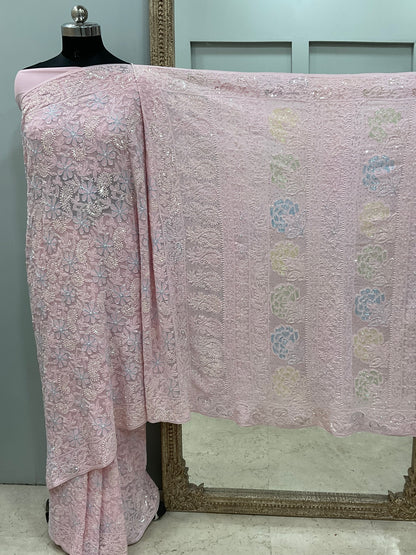 Pure Georgette Saree full jaal with Heavy Cutdana, Pearl and Heavy Sequence Pink