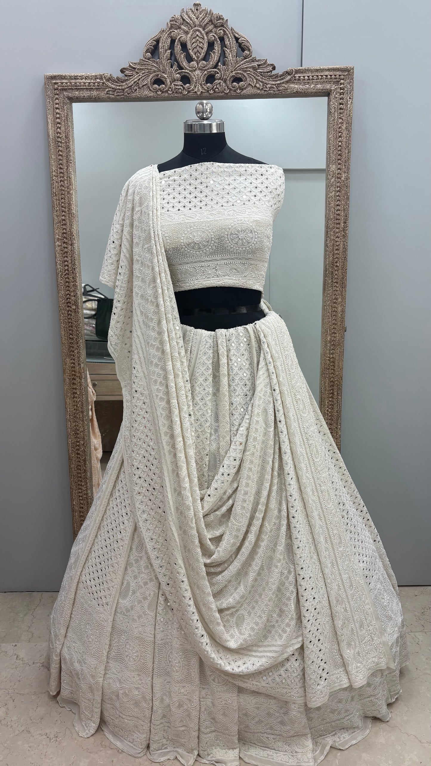 Pure Georgette Lehenga Heavy Pearl, Cutdana and Sequence,Mirror Work White