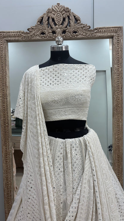 Pure Georgette Lehenga Heavy Pearl, Cutdana and Sequence,Mirror Work White