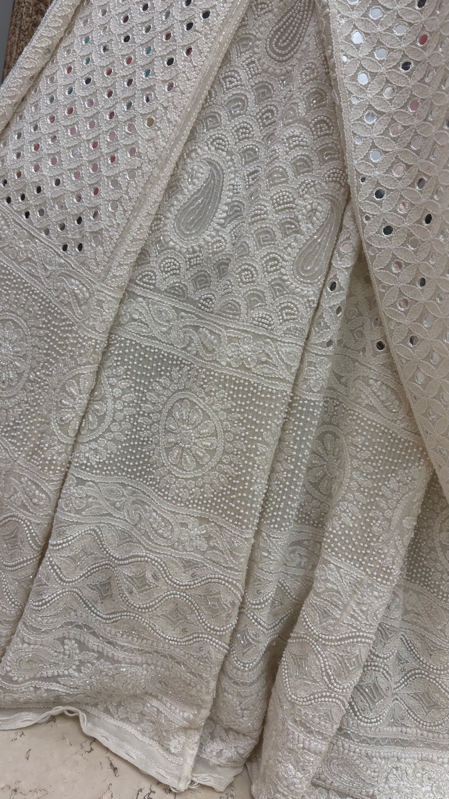 Pure Georgette Lehenga Heavy Pearl, Cutdana and Sequence,Mirror Work White