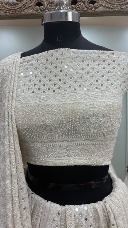 Pure Georgette Lehenga Heavy Pearl, Cutdana and Sequence,Mirror Work White