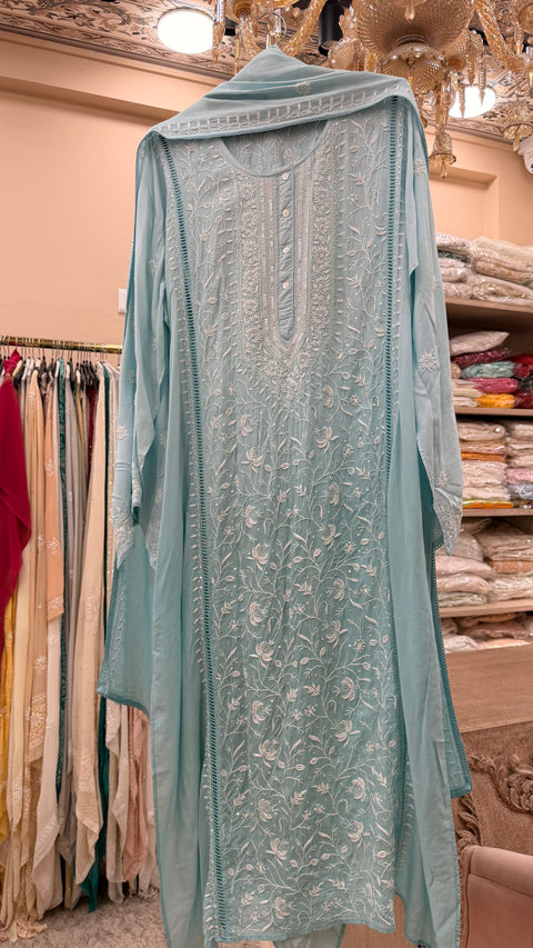 Pure Mulmul Cotton Semistiched Kurta Front And Back Pearl And Addon Work With Dupatta Green