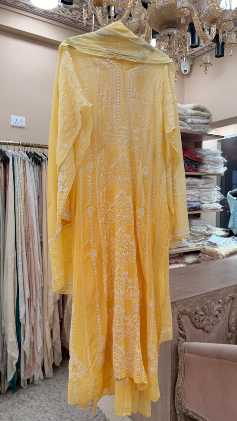 Pure Mul Anarkali Heavy Jaali Work Pearl And Cutdana Work With Dupatta Yellow