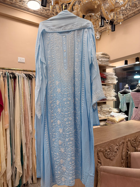 Pure Mulmul Cotton Semistiched Kurta Front And Back Pearl And Addon Work With Dupatta Blue