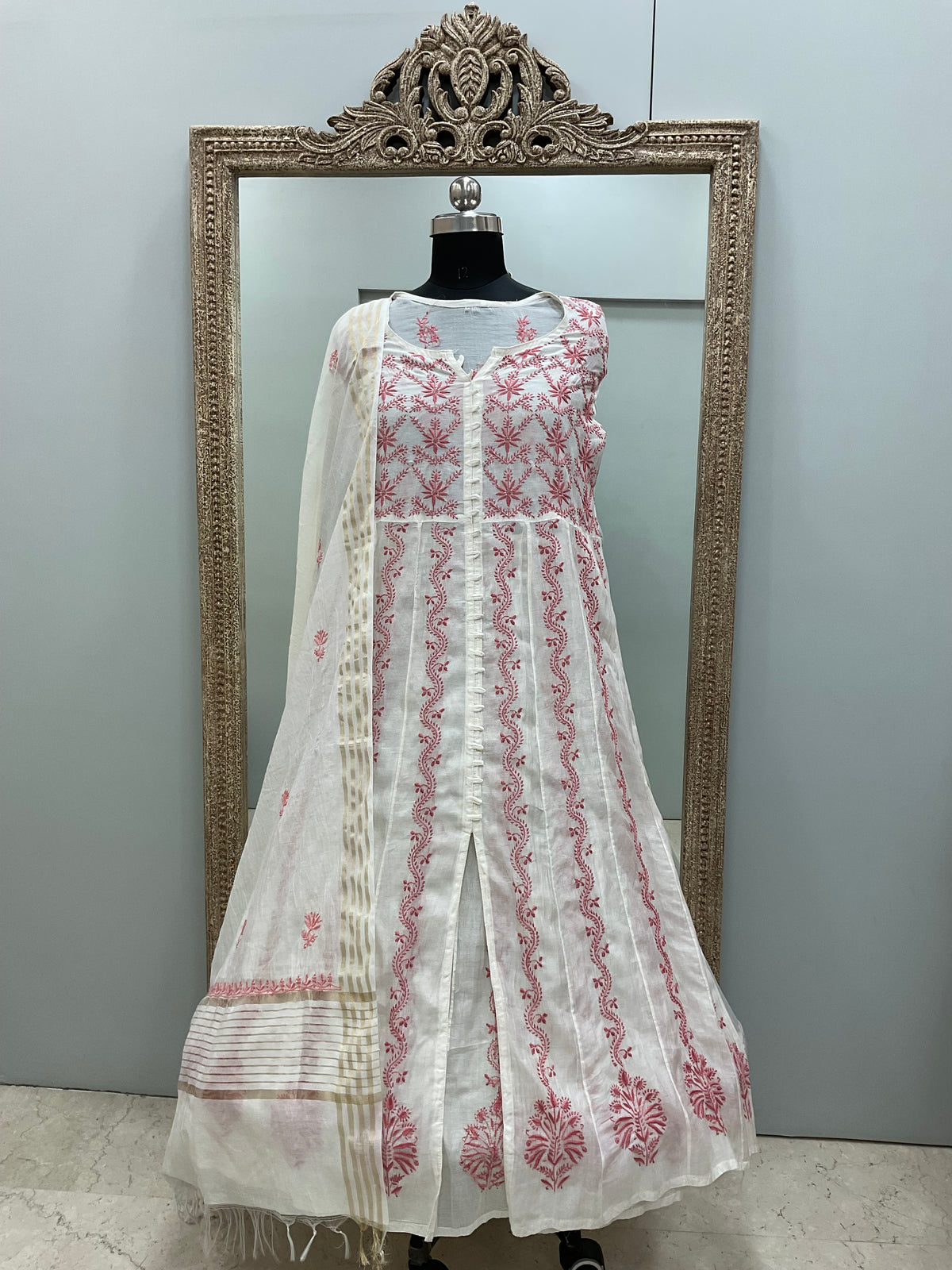Pure Chanderi Straight Shirt Heavy Chikan Work With Dupatta Off White