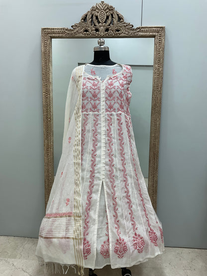 Pure Chanderi Straight Shirt Heavy Chikan Work With Dupatta Off White