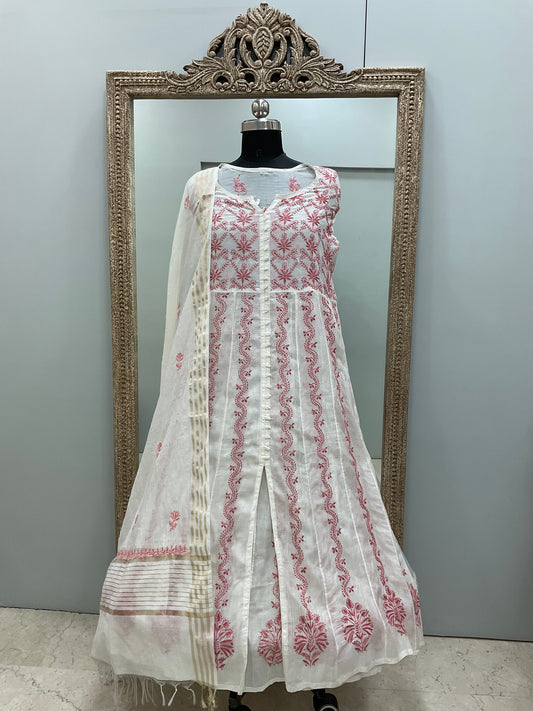 Pure Chanderi Straight Shirt Heavy Chikan Work With Dupatta Off White