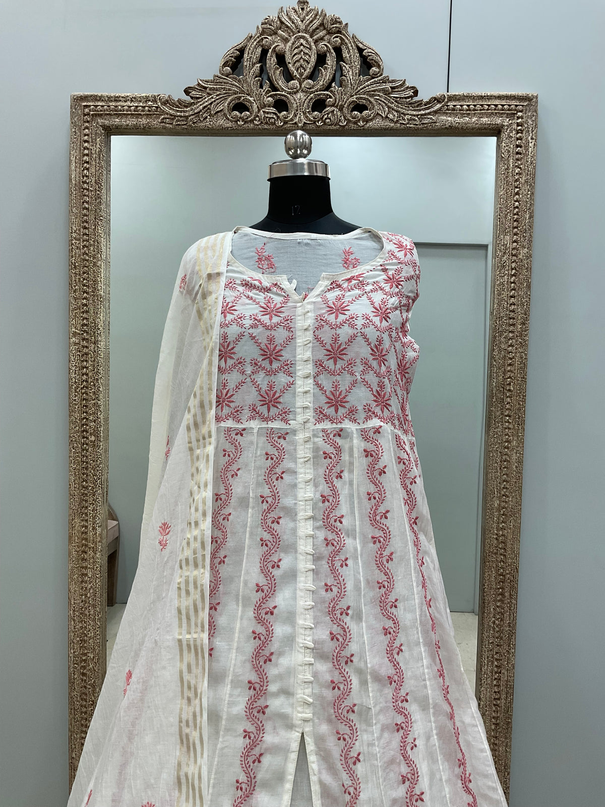 Pure Chanderi Straight Shirt Heavy Chikan Work With Dupatta Off White
