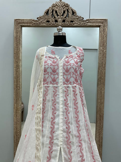 Pure Chanderi Straight Shirt Heavy Chikan Work With Dupatta Off White