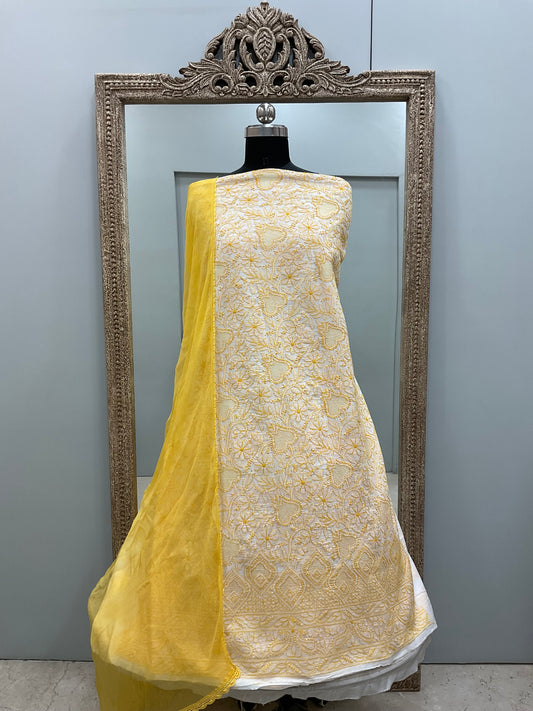 Pure Mulmul Cotton Kurta Chikan Work With Chiffon Dupatta Yellow And White