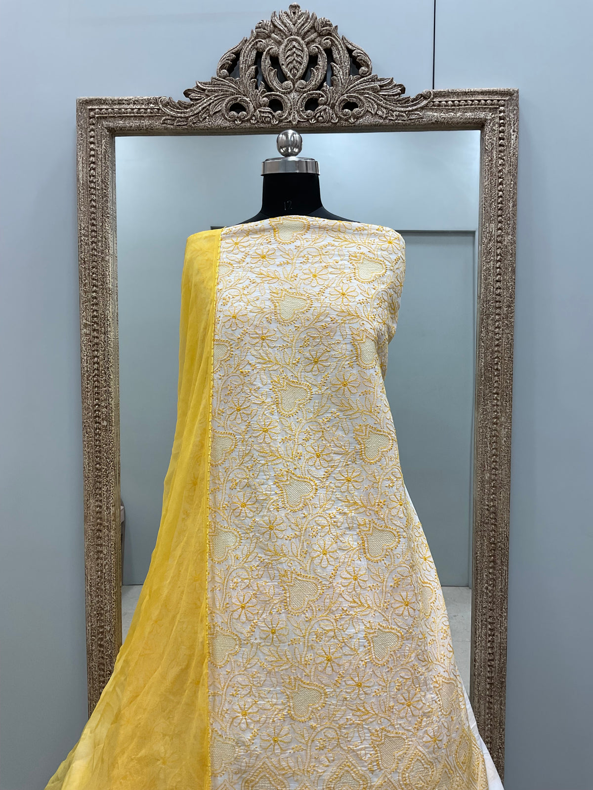 Pure Mulmul Cotton Kurta Chikan Work With Chiffon Dupatta Yellow And White