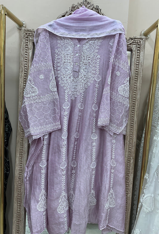 Pure Mulmul Cotton Anarkali Pearl And Addon Work With Dupatta Lilac
