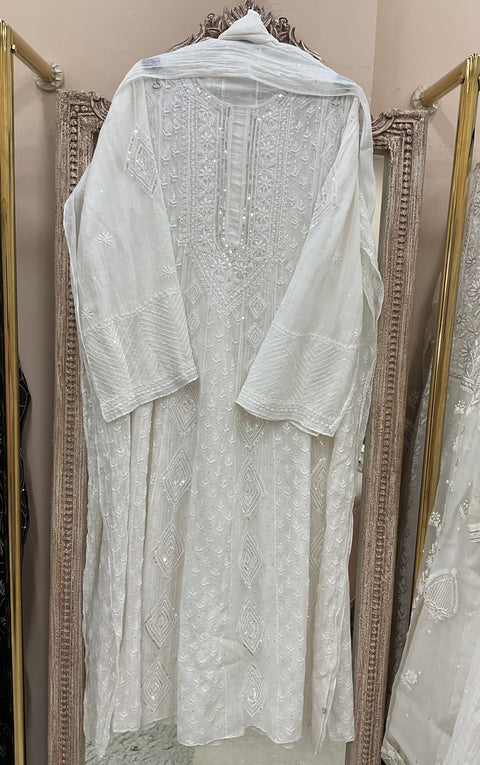 Pure Mul Anarkali Heavy Pearl And Cutdana Work With Dupatta White