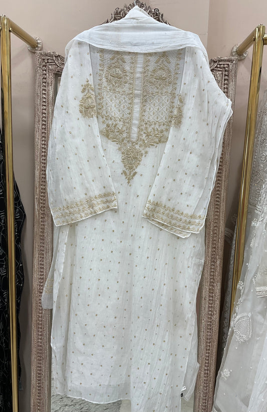 Pure Mulmul Semistiched Kurta Pearl And Addon Work With Dupatta Black And White 02