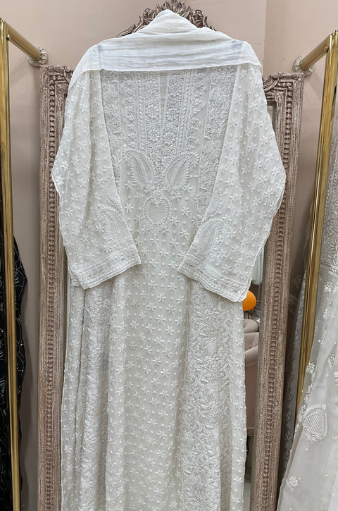 Pure Mul Anarkali Heavy Pearl And Cutdana Work With Dupatta White