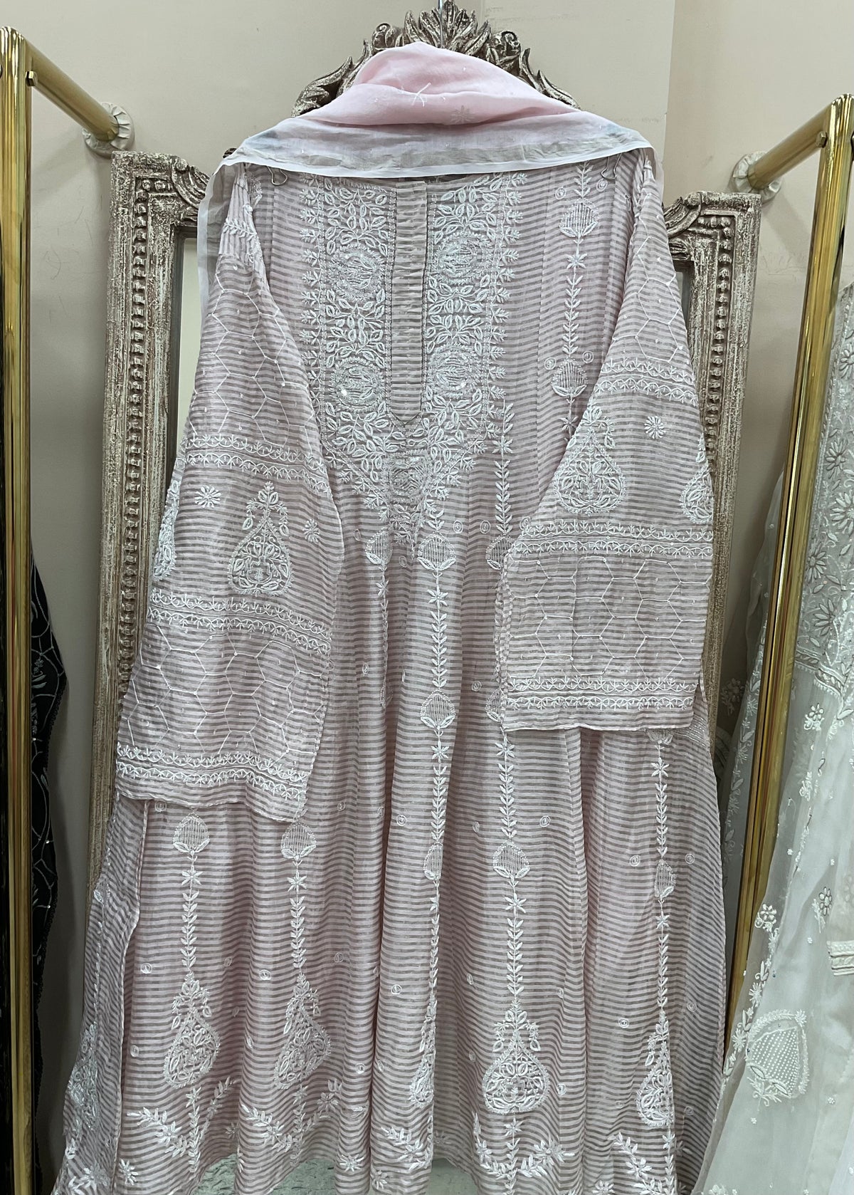 Pure Mulmul Cotton Anarkali Pearl And Addon Work With Dupatta Pink