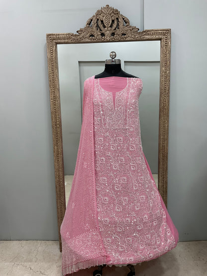 Superfine Pure Georgette Heavy Pearl Cutdana and Sequence Designer Pink