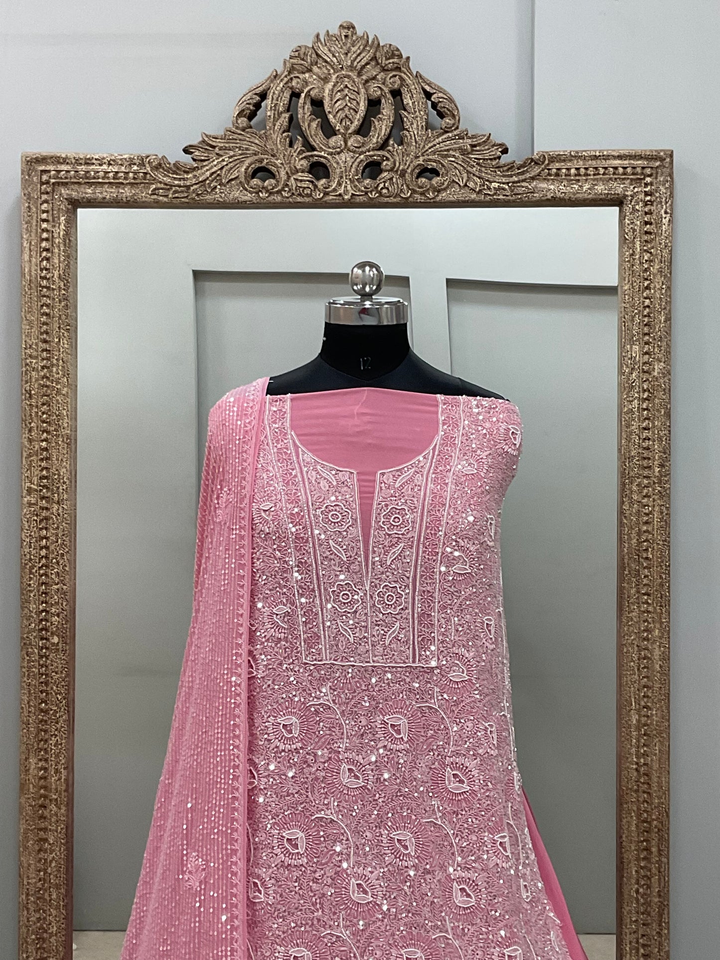 Superfine Pure Georgette Heavy Pearl Cutdana and Sequence Designer Pink