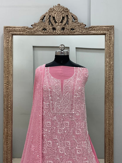 Superfine Pure Georgette Heavy Pearl Cutdana and Sequence Designer Pink
