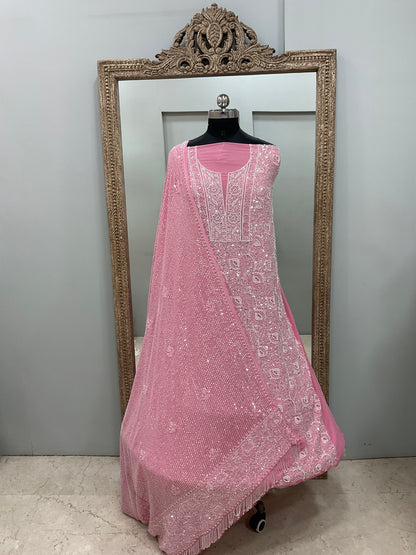 Superfine Pure Georgette Heavy Pearl Cutdana and Sequence Designer Pink