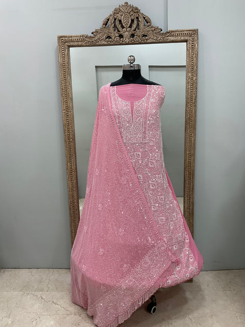 Superfine Pure Georgette Heavy Pearl Cutdana and Sequence Designer Pink