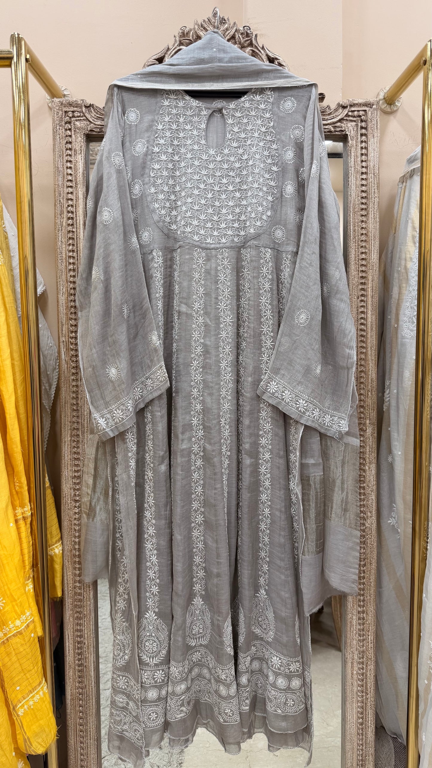 Pure Tissue Semistiched Anarkali Sequence Work With Dupatta Silver