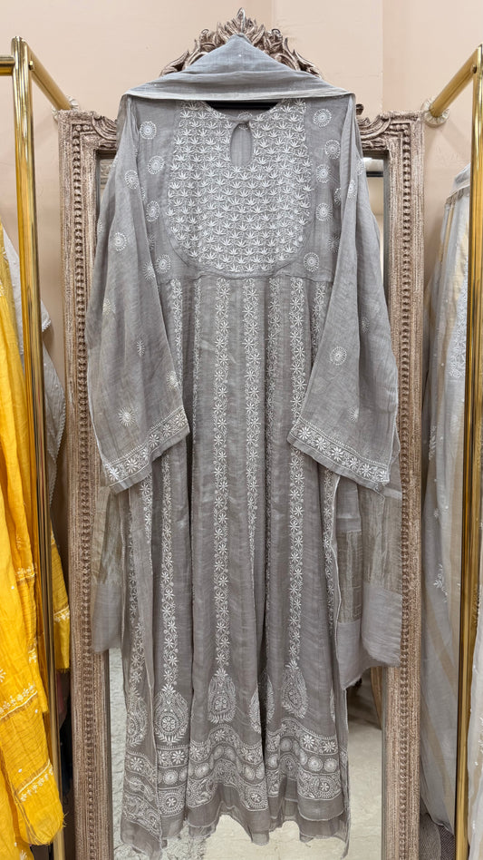 Pure Tissue Semistiched Anarkali Sequence Work With Dupatta Silver
