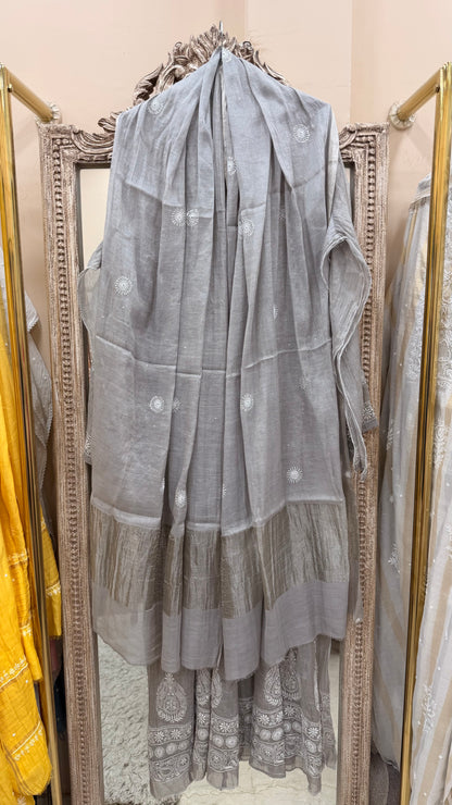 Pure Tissue Semistiched Anarkali Sequence Work With Dupatta Silver