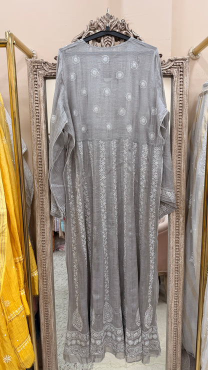 Pure Tissue Semistiched Anarkali Sequence Work With Dupatta Silver