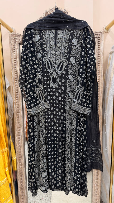 Pure Mul Anarkali Heavy Pearl And Cutdana Work With Dupatta Black