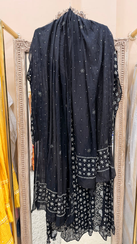 Pure Mul Anarkali Heavy Pearl And Cutdana Work With Dupatta Black