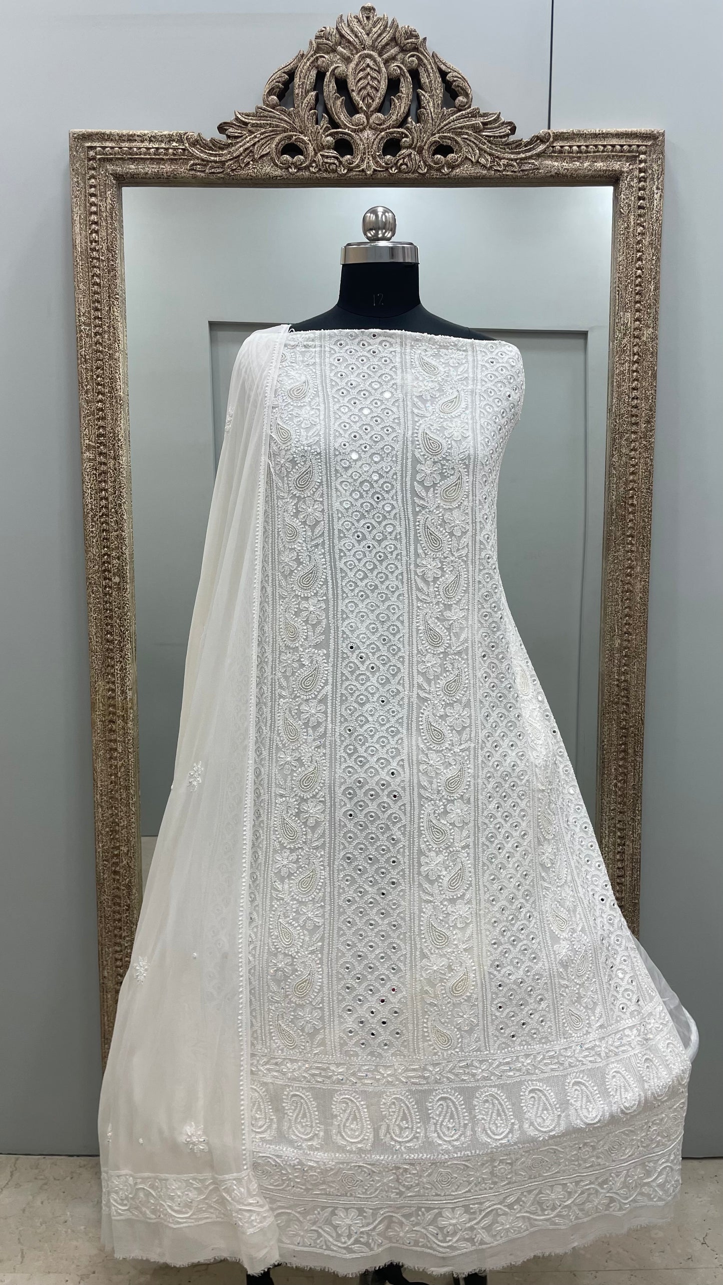 Pure Georgette Heavy Pearl And Mirror Work White