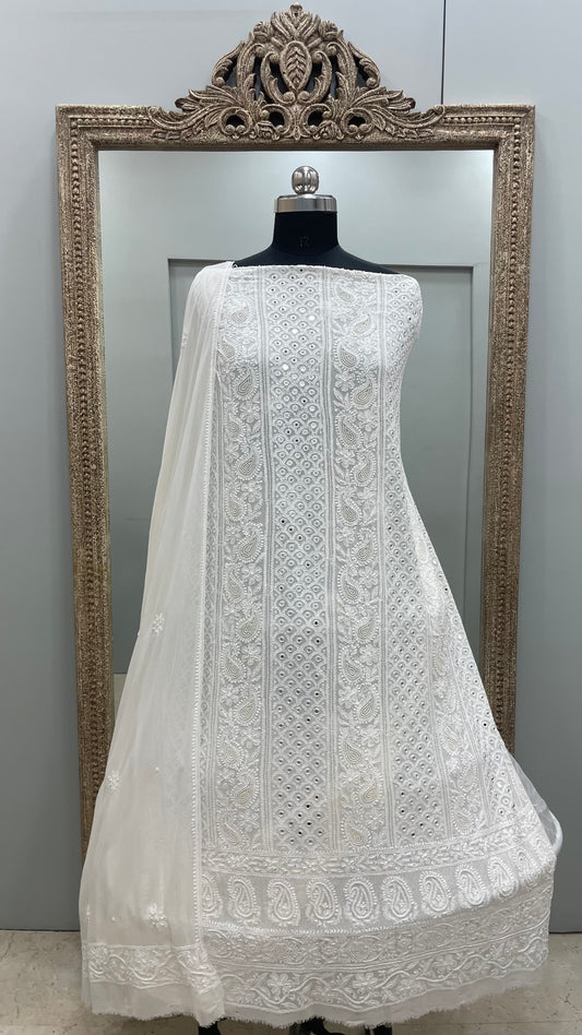 Pure Georgette Heavy Pearl And Mirror Work White